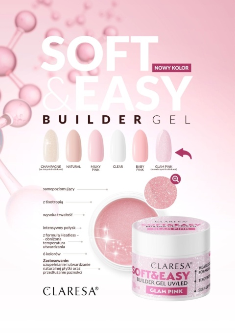 Claresa SOFT&EASY Builder Gel Glam Pink 45g żel budujący róż z drobinką