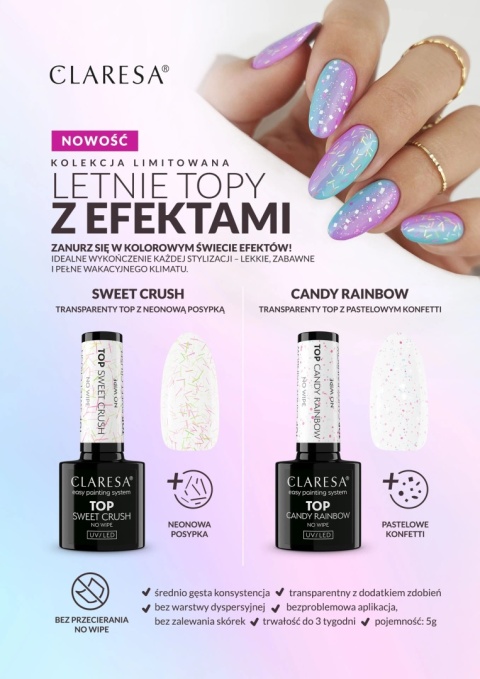 Claresa Top No Wipe Candy Rainbow 5g– top z pastelowym konfetti do paznokci Claresa Top No Wipe Candy Rainbow 5g– top z pastelowym konfetti do paznokci