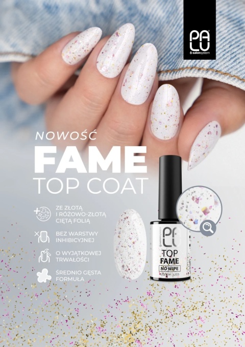 PALU Top Fame No Wipe 11g – top hybrydowy z folią złotą i różowo-złotą PALU Top Fame No Wipe 11g – top hybrydowy z folią złotą i różowo-złotą