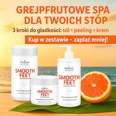 Zestaw Farmona SMOOTH FEET – Sól do Kąpieli, Peeling i Krem do Stóp z Grejpfrutem – Efekt Gładkich i Odżywionych Stóp Zestaw Farmona SMOOTH FEET – Sól do Kąpieli, Peeling i Krem do Stóp z Grejpfrutem – Efekt Gładkich i Odżywionych Stóp