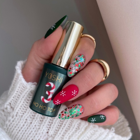 YOSHI HoHoTop No3 10 ml – świąteczny top UV/LED z czerwono-zielonym confetti