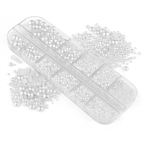 Perełki do paznokci 3D białe – mix rozmiarów w kasetce 12 szt. nr 86