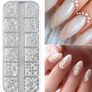 Perełki do paznokci 3D białe – mix rozmiarów w kasetce 12 szt. nr 86