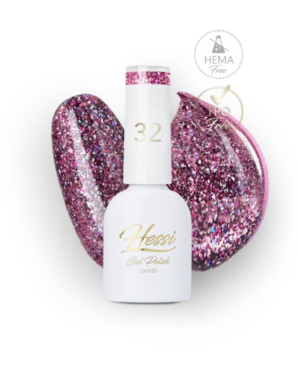 Lakier Hybrydowy HESSI 32 Glitter – fuksjowo-fioletowy z brokatem