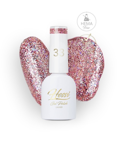 Lakier Hybrydowy HESSI 33 Glitter – różowy rose gold z brokatem