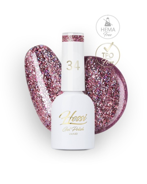 Lakier Hybrydowy HESSI 34 Glitter – różowo-fioletowy z brokatem