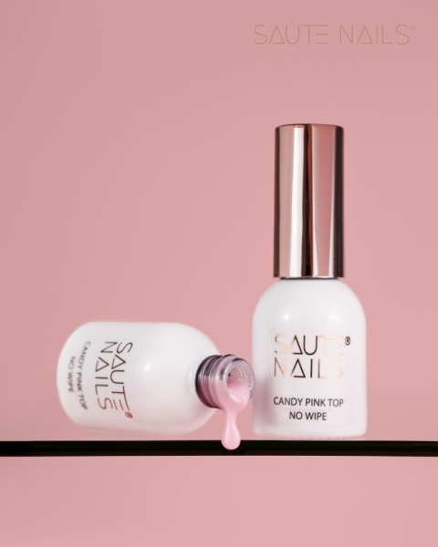 Saute Nails Candy Pink Top No Wipe 8ml – półtransparentny różowy top hybrydowy