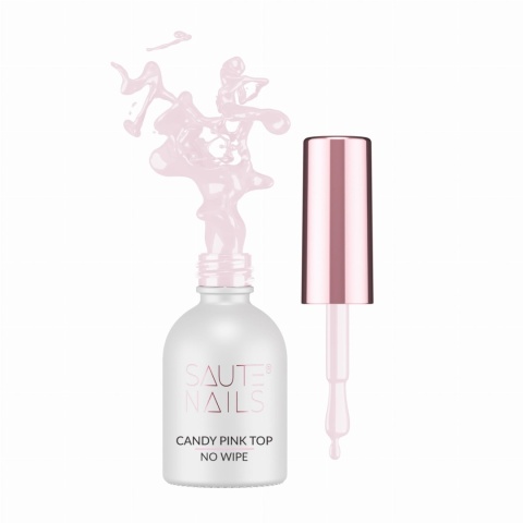 Saute Nails Candy Pink Top No Wipe 8ml – półtransparentny różowy top hybrydowy