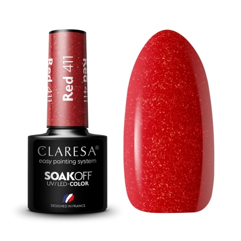 Claresa Red 411 5 g – czerwony lakier hybrydowy z drobinką i efektem shimmer