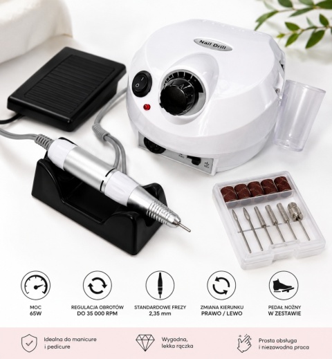 Profesjonalna Frezarka Do Paznokci DM-202 65W 35000 RPM Biała + Frezy