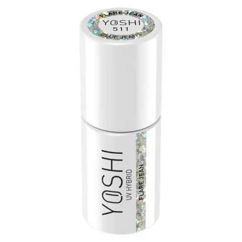 YOSHI Hybrid Flare Jean 511 – lakier hybrydowy glitter 6 ml, srebrny brokat do kolekcji Blue Jeans TPO-FREE