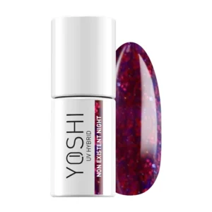YOSHI Non Existent Night 509 – lakier hybrydowy 6 ml, granat z czerwonym glitterem TPO-FREE