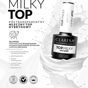 Claresa Top Milky No Wipe – mleczny top do paznokci 5 g — zdjęcie 2