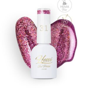 Hessi Lakier Hybrydowy 31 Glitter – malinowo-różowy ze złotą drobinką
