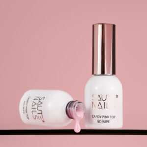 Saute Nails Candy Pink Top No Wipe 8ml – półtransparentny różowy top hybrydowy — zdjęcie 3