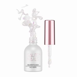 Saute Nails Silver Flash Top No Wipe 8ml – top hybrydowy z efektem flash i holograficzną drobinką