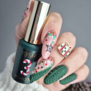 YOSHI HoHoTop No3 10 ml – świąteczny top UV/LED z czerwono-zielonym confetti — zdjęcie 2