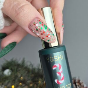 YOSHI HoHoTop No3 10 ml – świąteczny top UV/LED z czerwono-zielonym confetti — zdjęcie 3